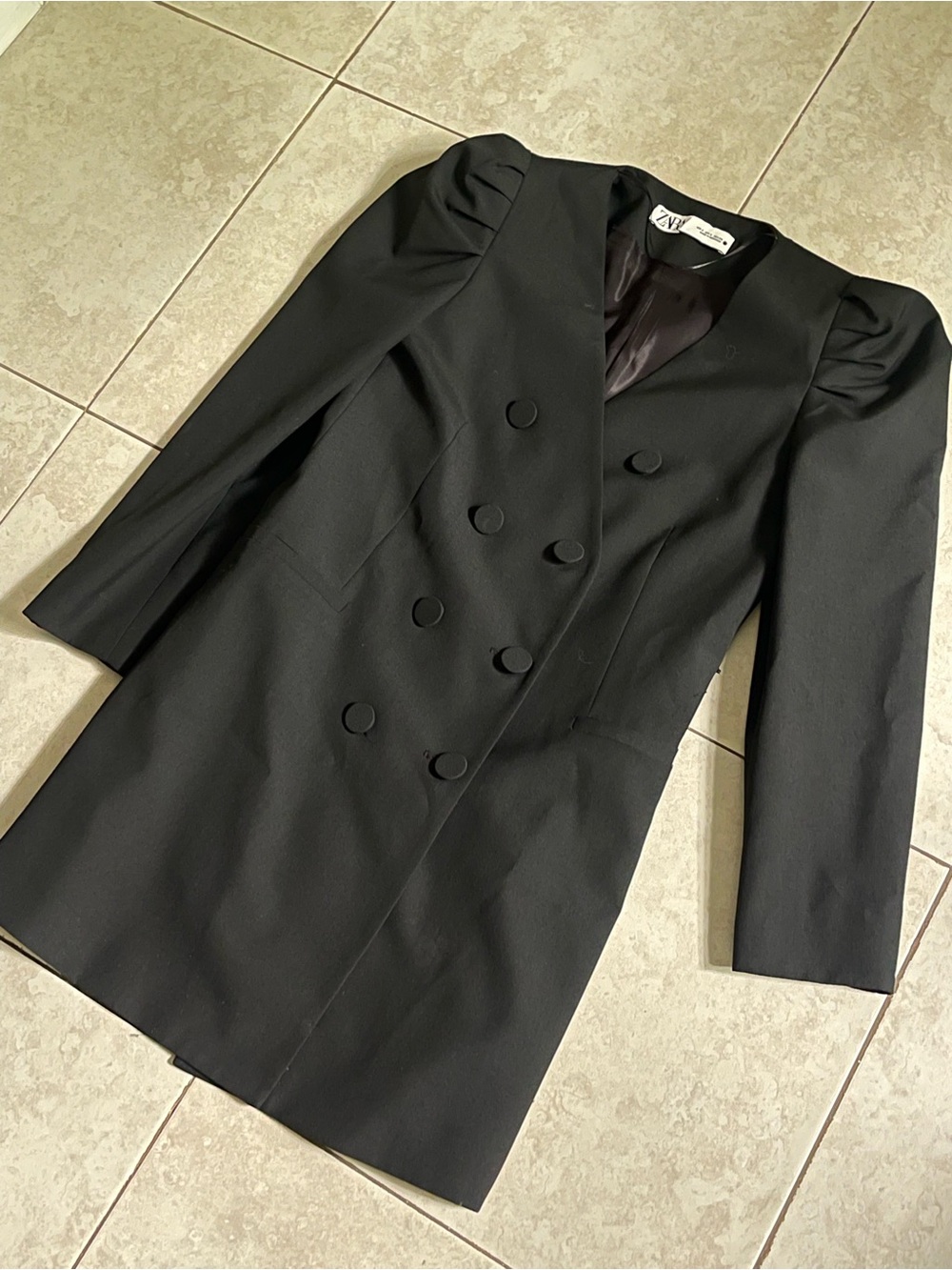 Zara Formal Long Black Blazer with Ruffled Sleeves And Black Buttons